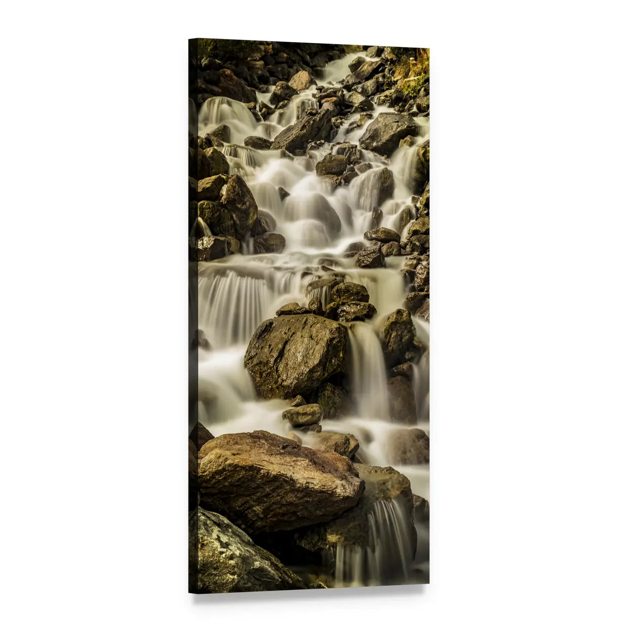 Rocky Waterfall and Stream Vertical Canvas Wall Art, 1 panel 1 Vertical layout gallery wrapped canvas set, angled product view