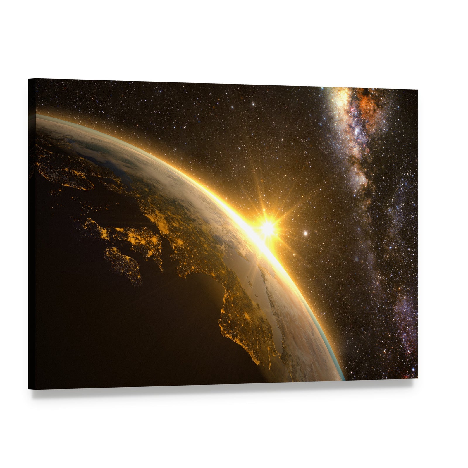 Earth with Spectacular Sunrise Canvas Wall Art, single panel gallery wrapped canvas, angled product view