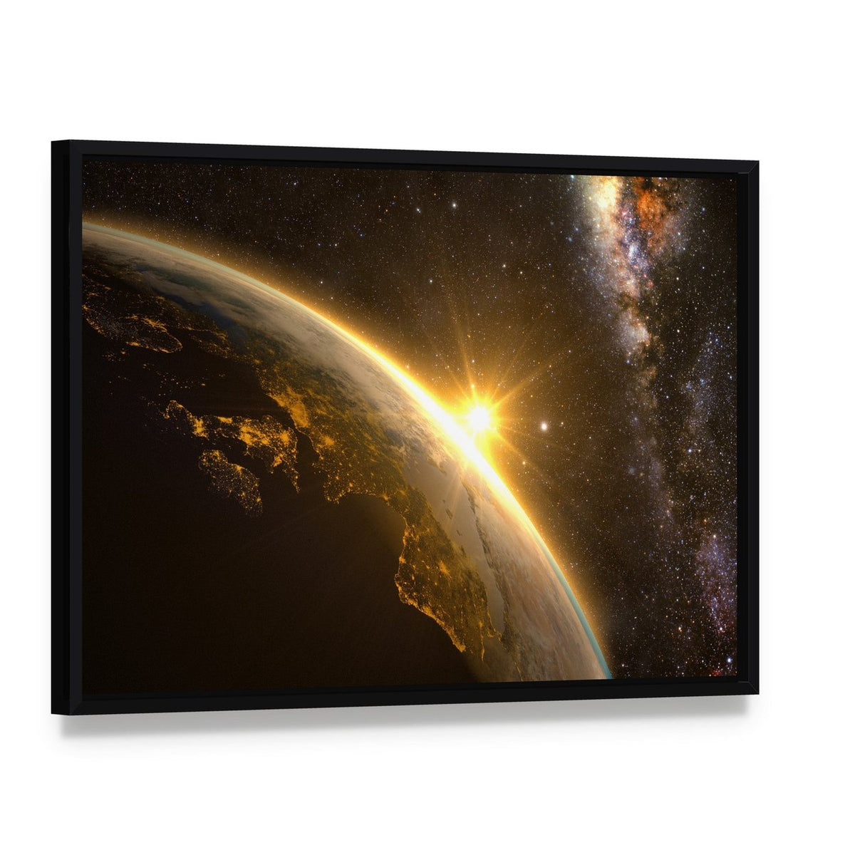 Earth with Spectacular Sunrise Canvas Wall Art, framed canvas in a black floater frame, angled product view