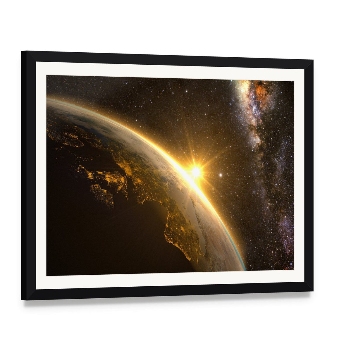 Earth with Spectacular Sunrise Canvas Wall Art, framed print with white mat and black frame, angled product view