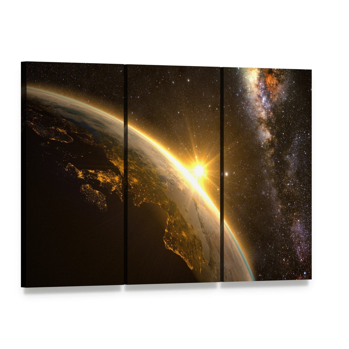 Earth with Spectacular Sunrise Canvas Wall Art, 3 panel 3 Horizontal layout gallery wrapped canvas set, angled product view