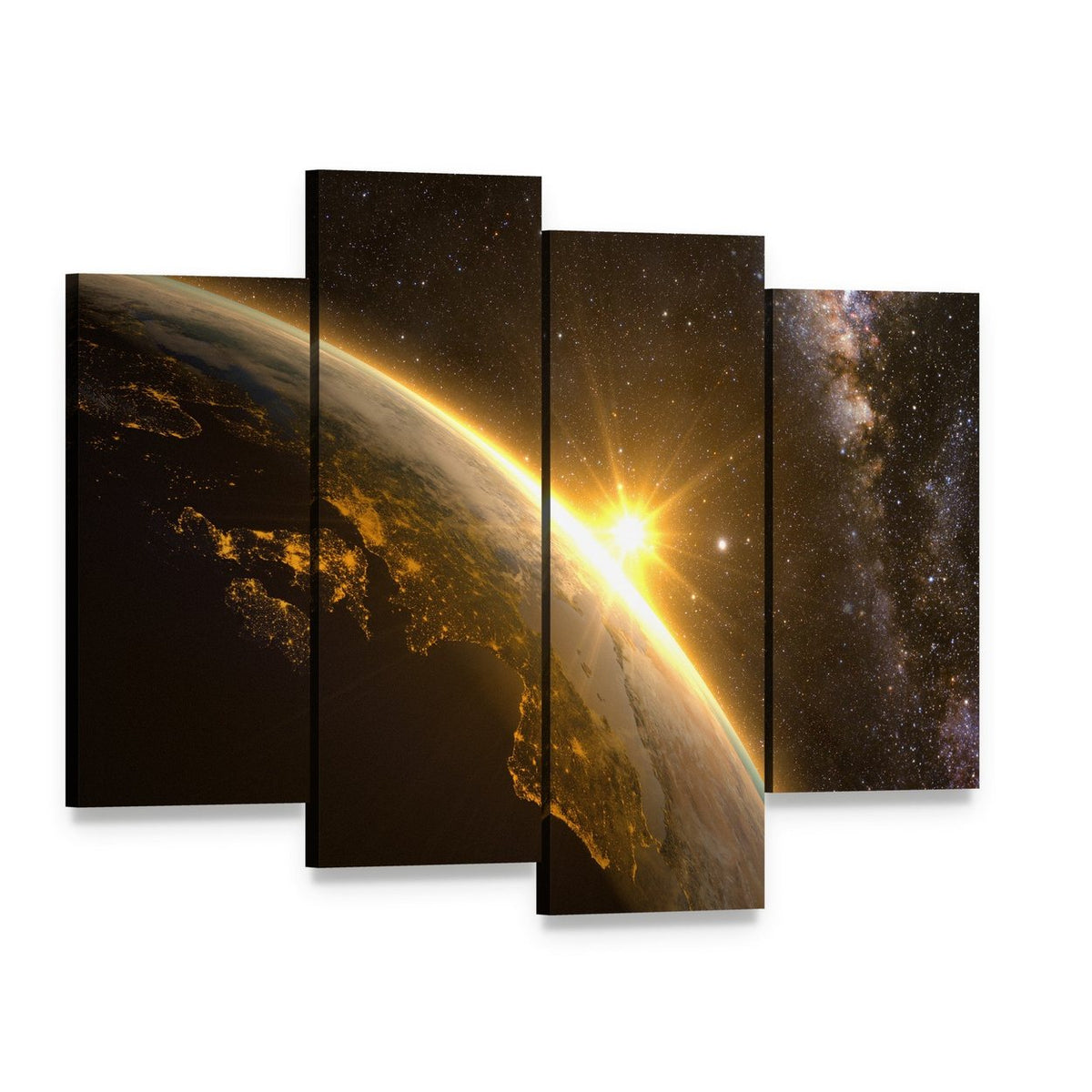 Earth with Spectacular Sunrise Canvas Wall Art, 4 panel 4 Pop layout gallery wrapped canvas set, angled product view