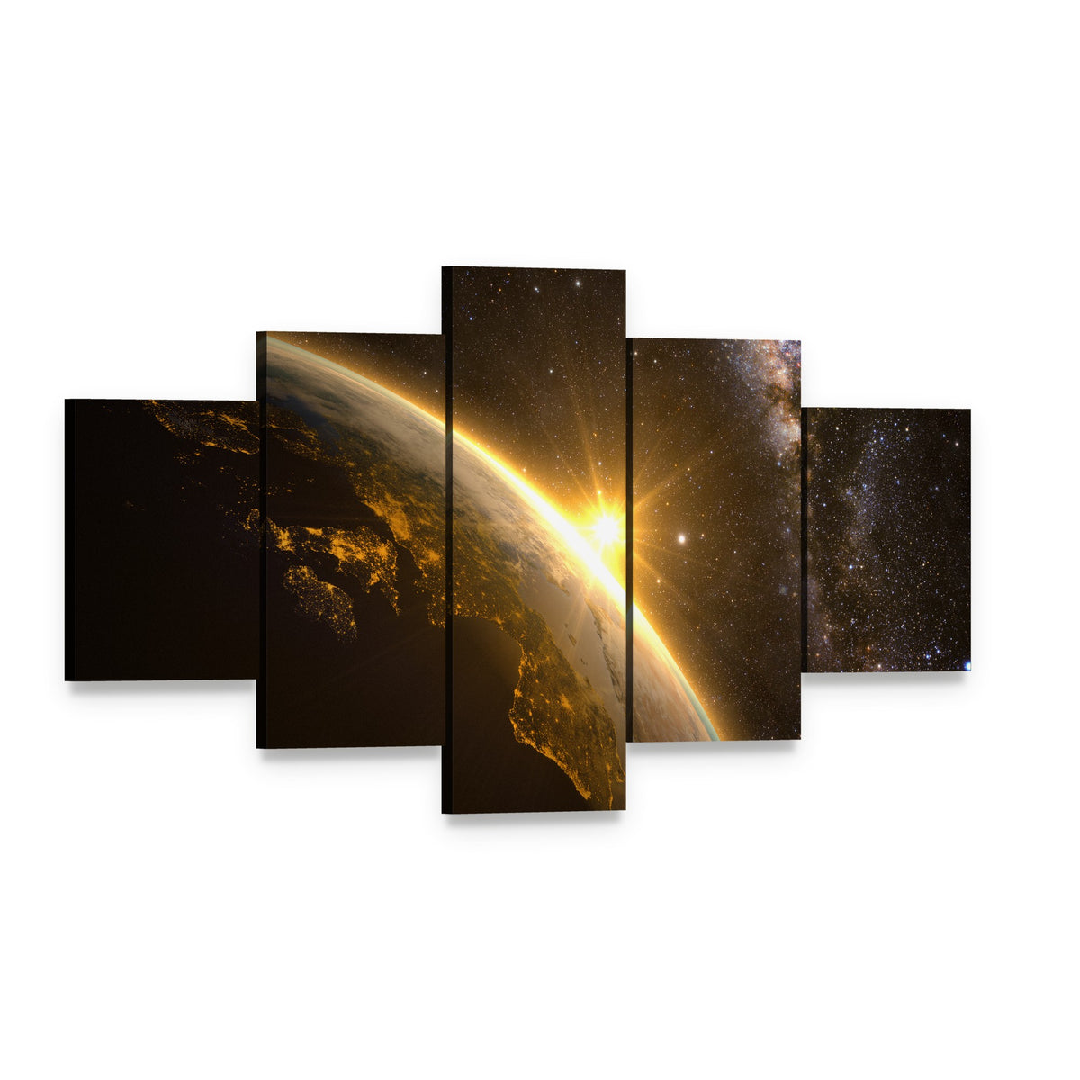 Earth with Spectacular Sunrise Canvas Wall Art, 5 panel 5 Star layout gallery wrapped canvas set, angled product view