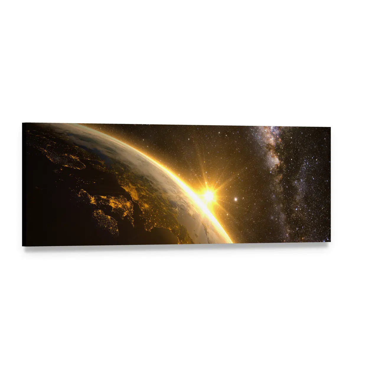 Orbital Sunrise Over Earth Panoramic Canvas Wall Art, single panel gallery wrapped canvas, angled product view