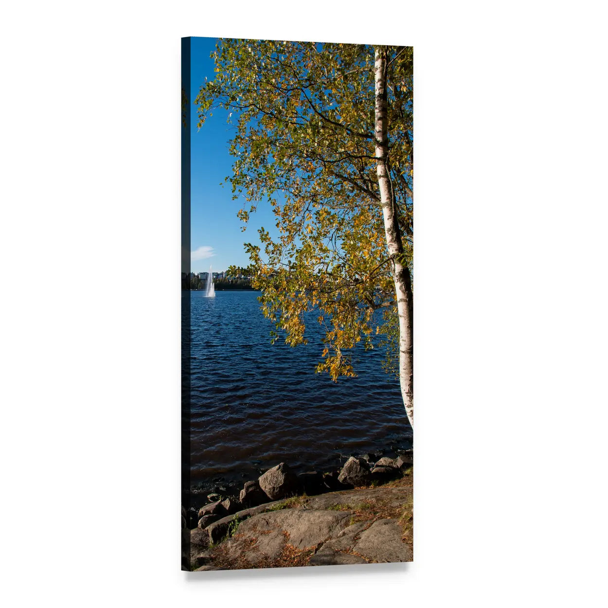 Finnish Lake with Birch Tree and Fountain Vertical Canvas Wall Art, 1 panel 1 Vertical layout gallery wrapped canvas set, angled product view