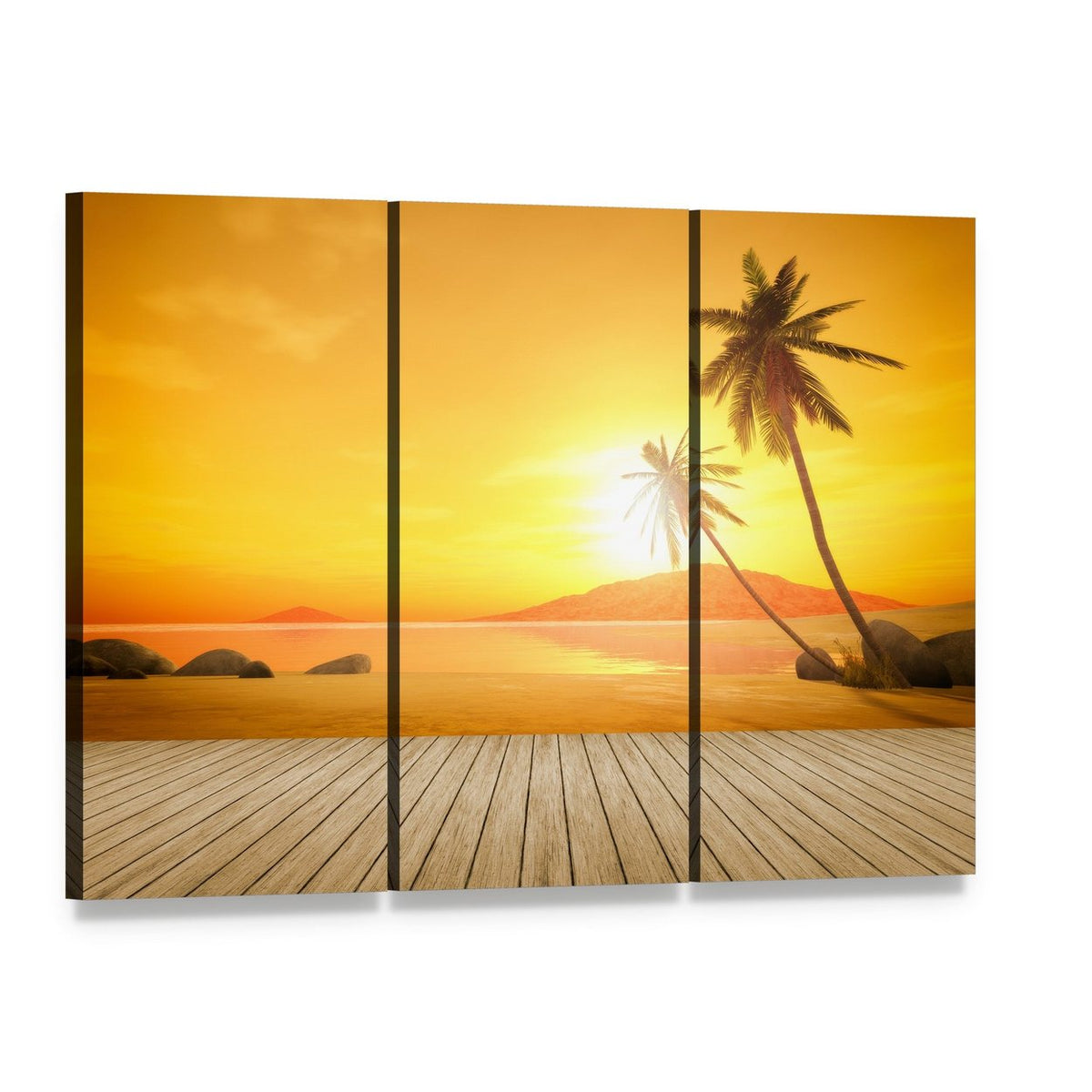 Sunset Over the Ocean Canvas Wall Art, 3 panel 3 Horizontal layout gallery wrapped canvas set, angled product view
