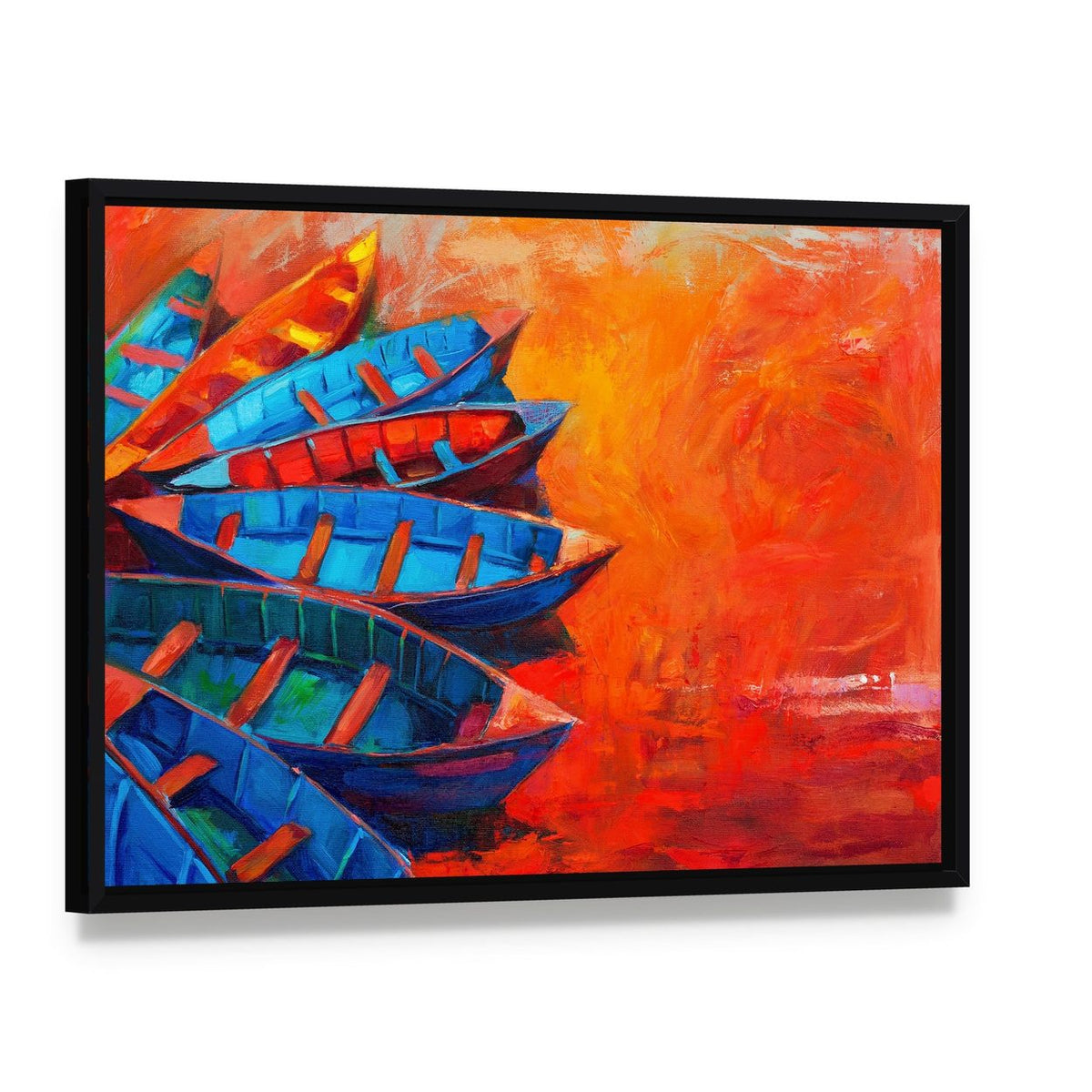 Watercolor Sketch of Water Boats Canvas Wall Art, framed canvas in a black floater frame, angled product view