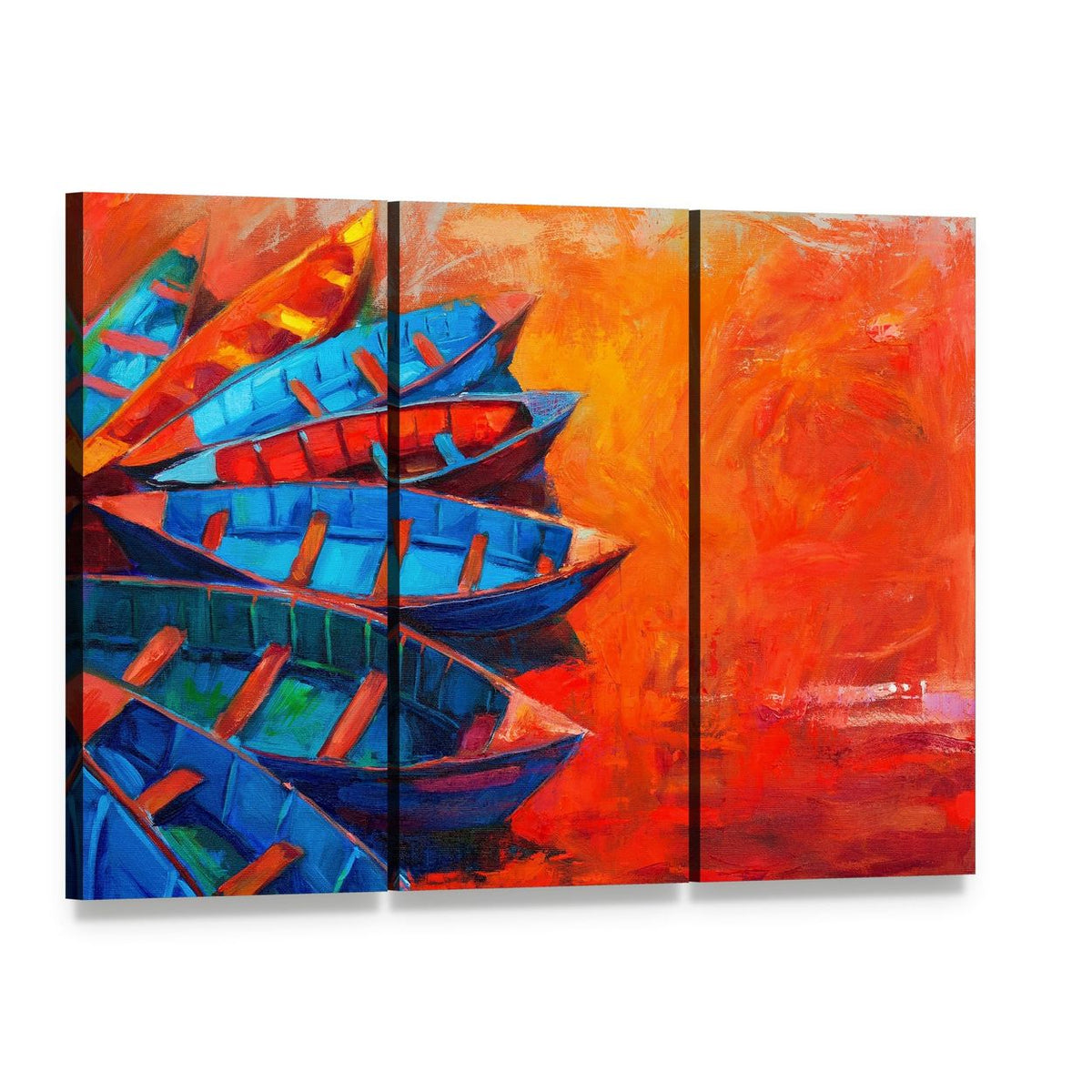Watercolor Sketch of Water Boats Canvas Wall Art, 3 panel 3 Horizontal layout gallery wrapped canvas set, angled product view