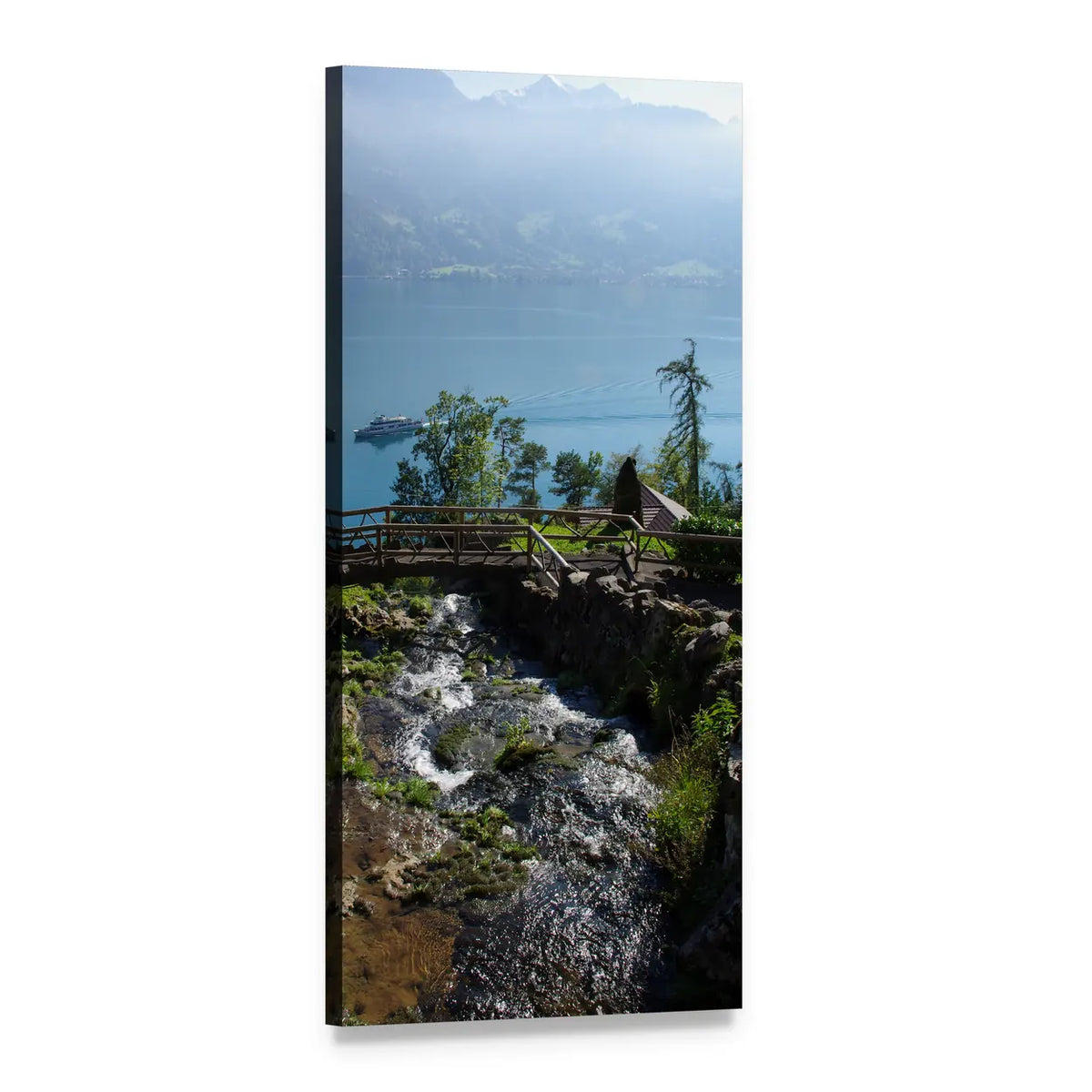 Wooden Bridge Over Alpine Waterfall Vertical Canvas Wall Art, 1 panel 1 Vertical layout gallery wrapped canvas set, angled product view