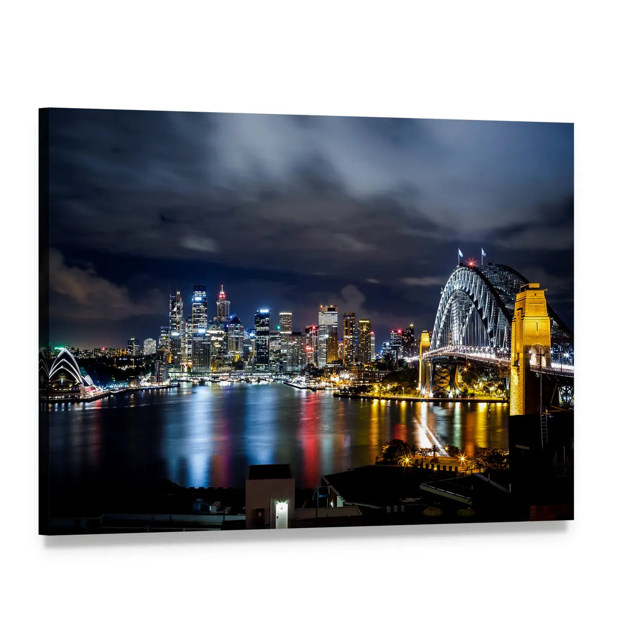 Sydney Harbour Bridge Night Skyline Canvas Wall Art, single panel gallery wrapped canvas, angled product view