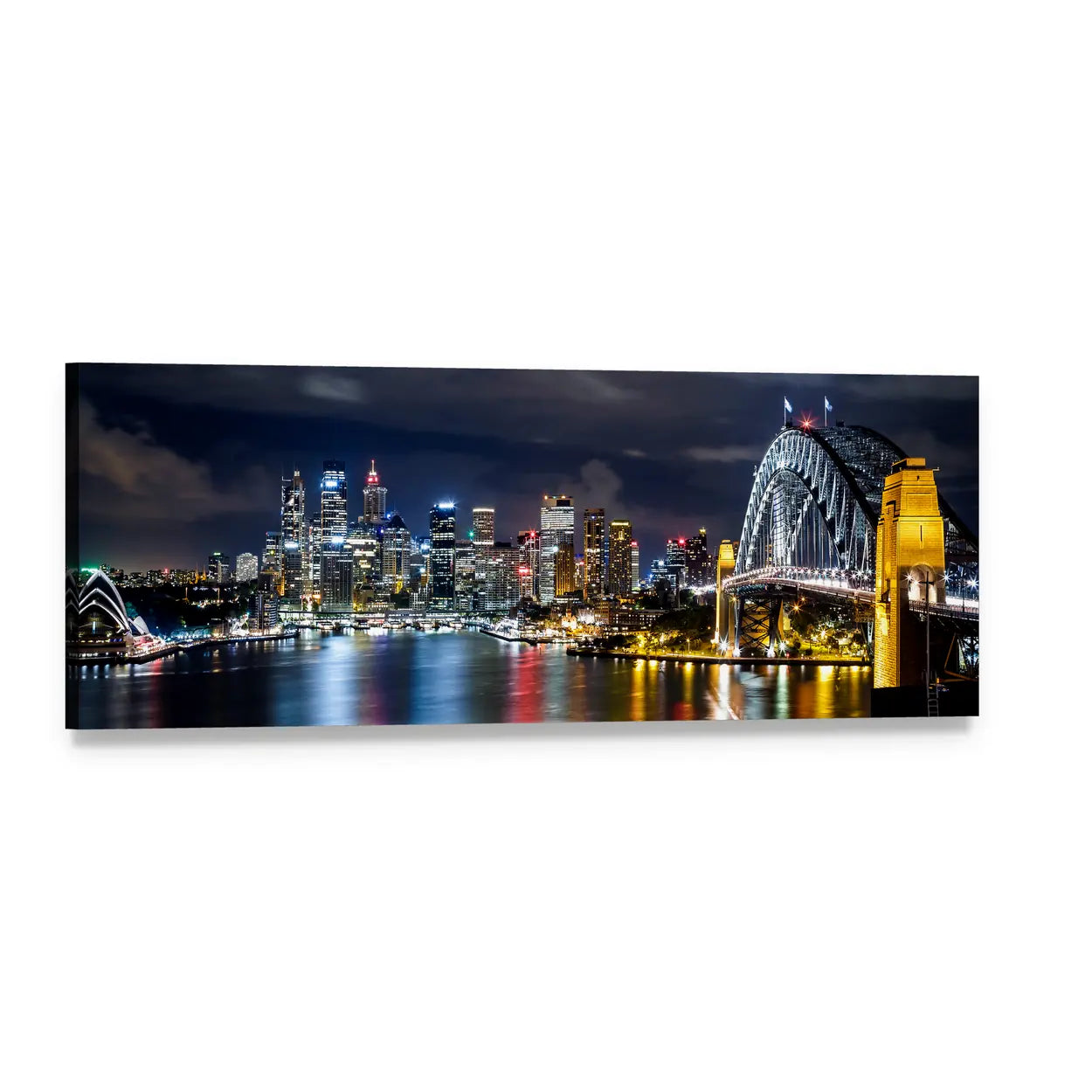 Sydney Harbour Bridge and Opera House Panoramic Canvas Wall Art, single panel gallery wrapped canvas, angled product view