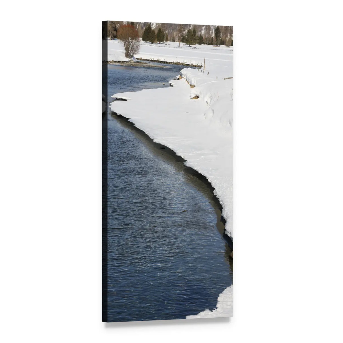 Winter River with Snowy Bank Vertical Canvas Wall Art, 1 panel 1 Vertical layout gallery wrapped canvas set, angled product view