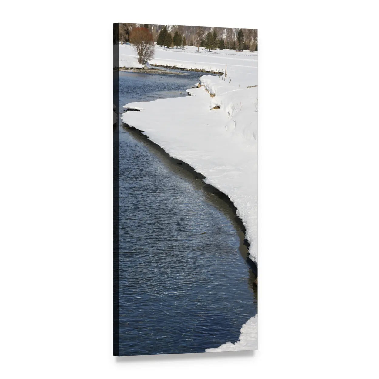 Winter River with Snowy Bank Vertical Canvas Wall Art, 1 panel 1 Vertical layout gallery wrapped canvas set, angled product view