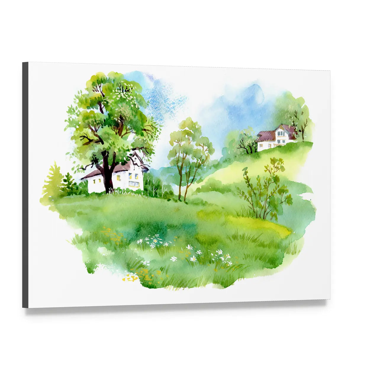 Country Houses Watercolor Landscape Canvas Wall Art, single panel gallery wrapped canvas, angled product view