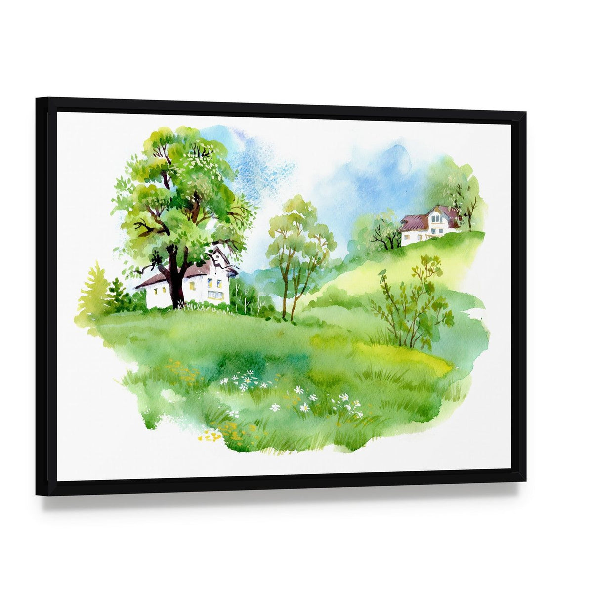 Landscape with Houses Watercolor Canvas Wall Art, framed canvas in a black floater frame, angled product view