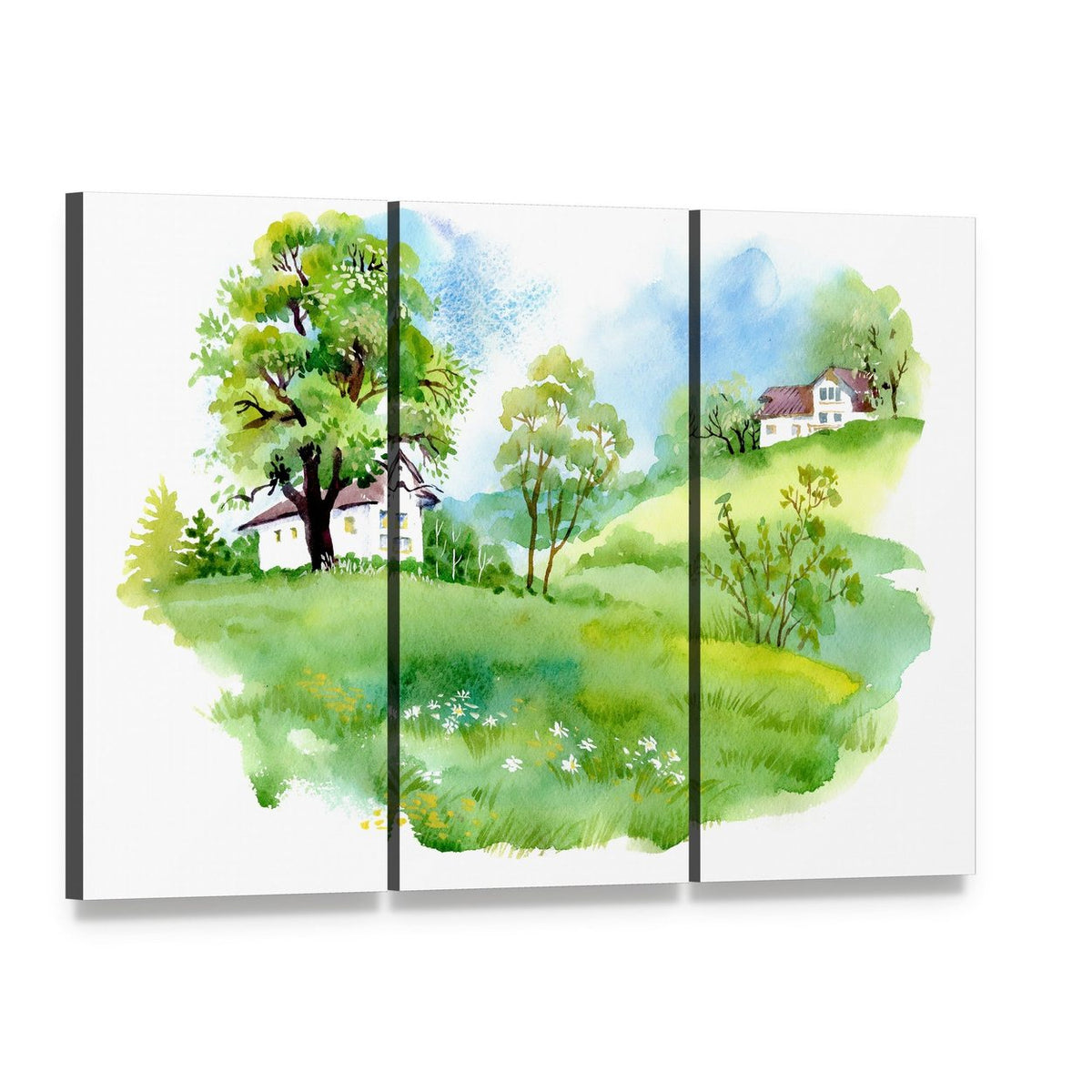 Landscape with Houses Watercolor Canvas Wall Art, 3 panel 3 Horizontal layout gallery wrapped canvas set, angled product view
