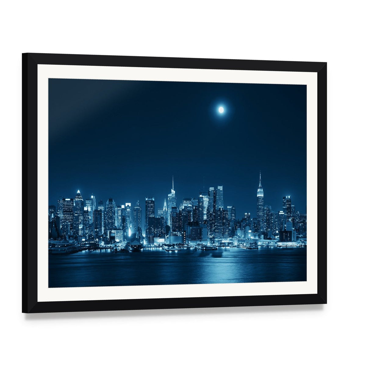 Moon Rise Over Manhattan Canvas Wall Art, framed print with white mat and black frame, angled product view