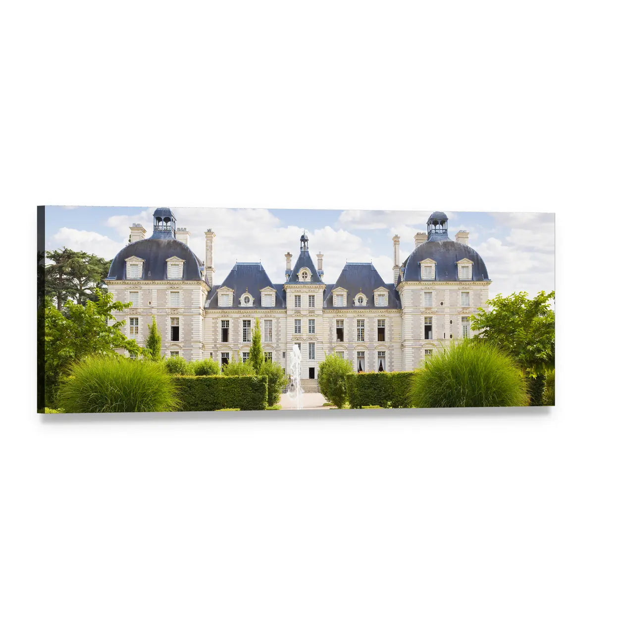 Cheverny Chateau Garden View Panoramic Canvas Wall Art, single panel gallery wrapped canvas, angled product view