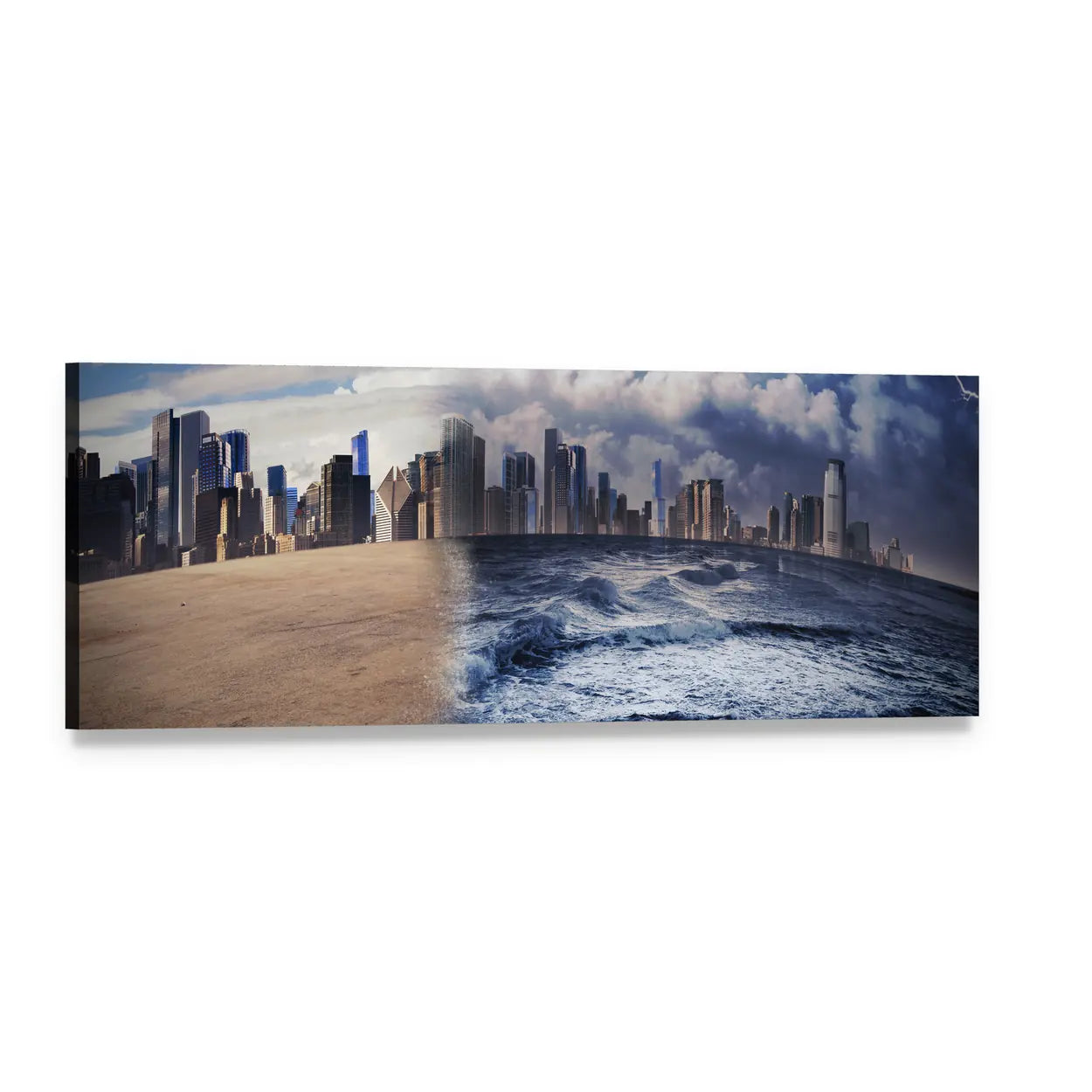 Melting Glaciers Split Cityscape Panoramic Canvas Wall Art, single panel gallery wrapped canvas, angled product view