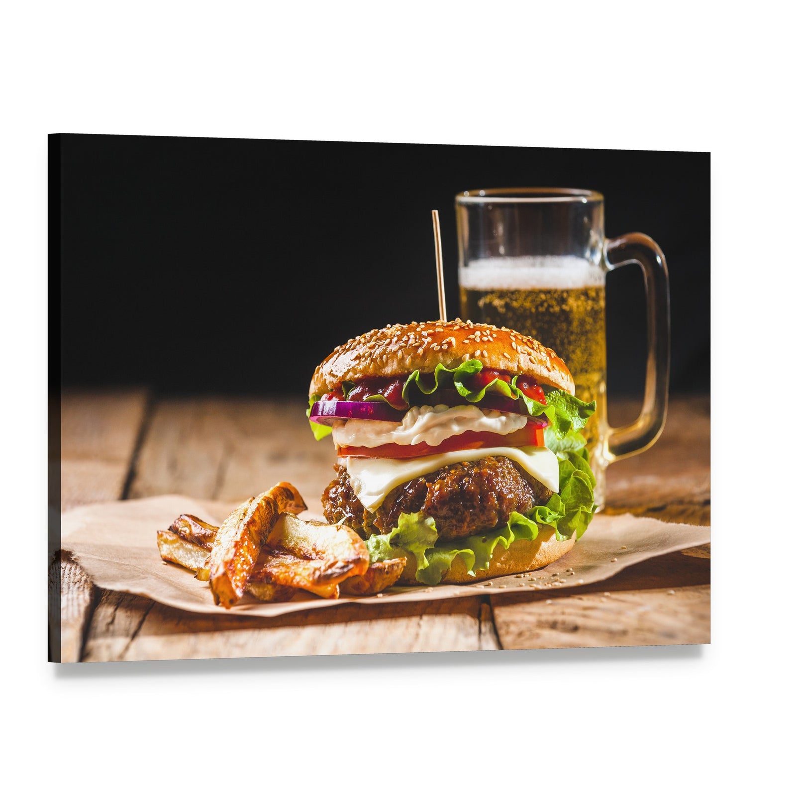 Burger with Fries and Beer Canvas Wall Art, single panel gallery wrapped canvas, angled product view
