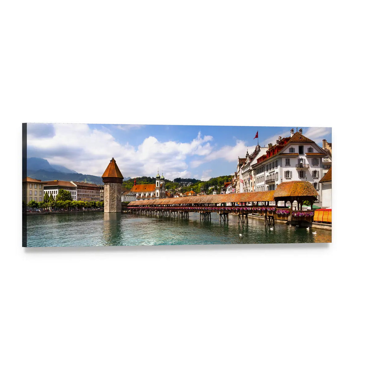 Chapel Bridge with Octagonal Water Tower Panoramic Canvas Wall Art, single panel gallery wrapped canvas, angled product view