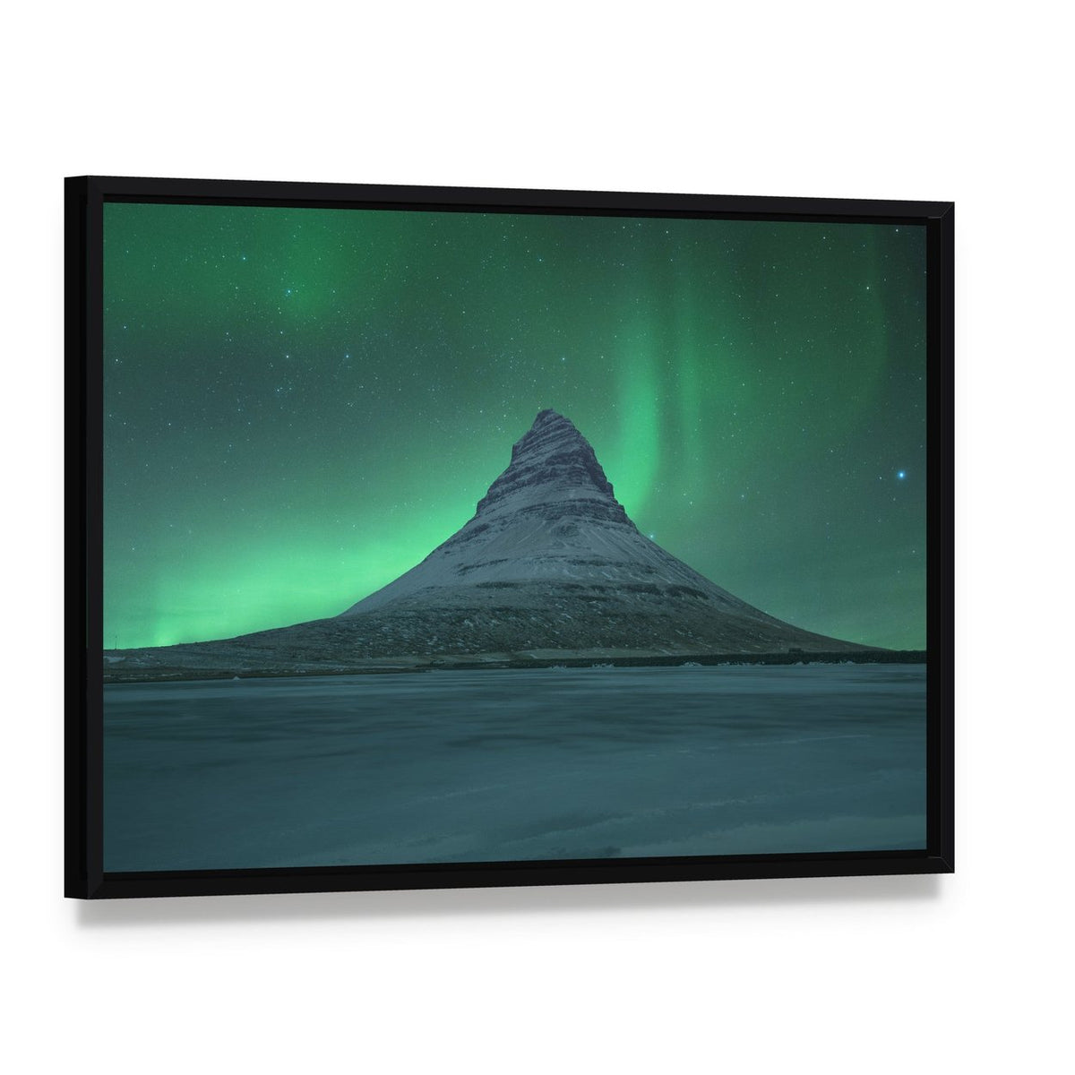 Aurora Over Kirkjufell Canvas Wall Art, framed canvas in a black floater frame, angled product view