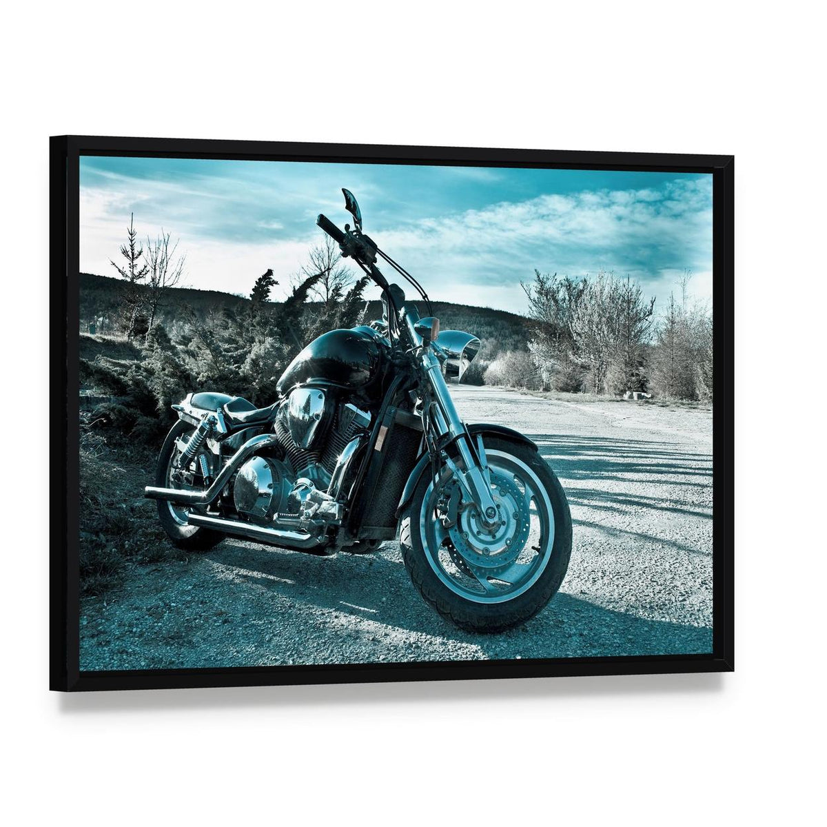 Black Powerful Chopper in Nature Canvas Wall Art, framed canvas in a black floater frame, angled product view