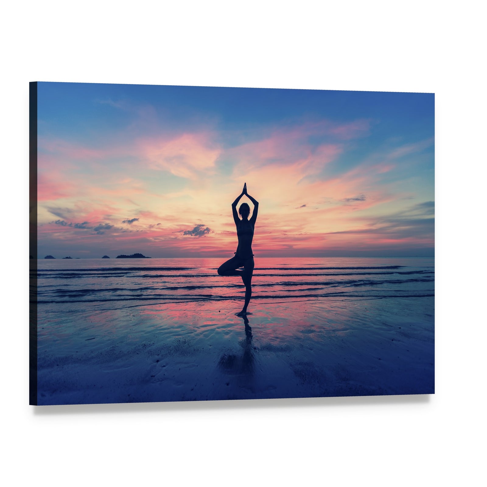 Silhouette of Woman in Yoga Pose at Sunset Canvas Wall Art, single panel gallery wrapped canvas, angled product view