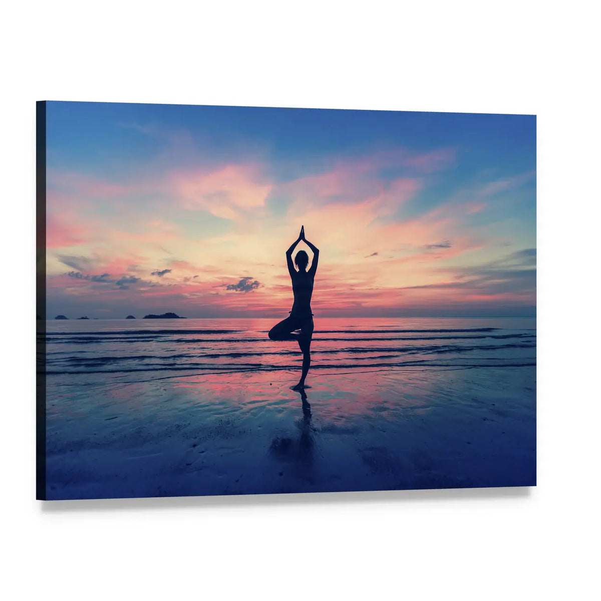 Tree Pose Silhouette on Sunset Beach Canvas Wall Art, single panel gallery wrapped canvas, angled product view
