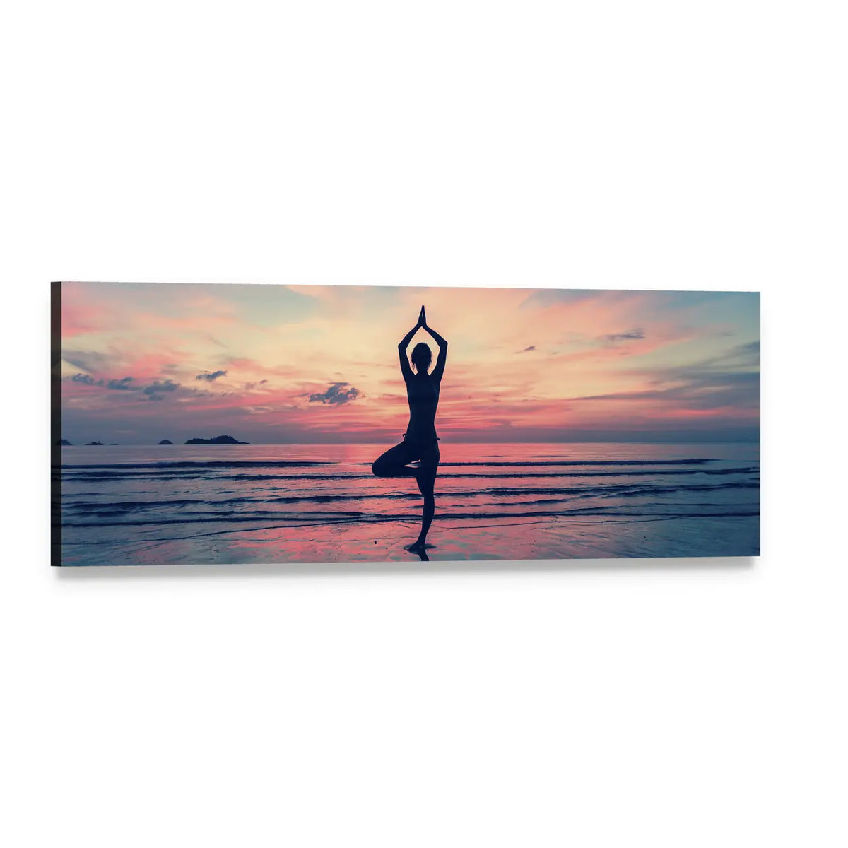 Yoga Silhouette in Tree Pose at Sunset Panoramic Canvas Wall Art, single panel gallery wrapped canvas, angled product view