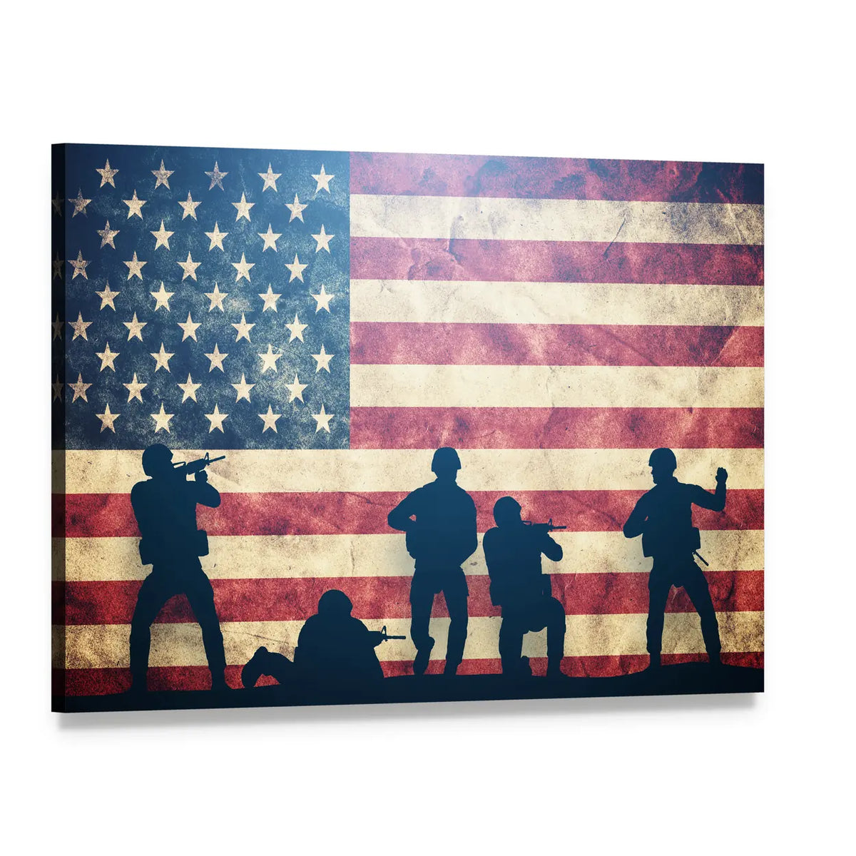 Five Soldiers Over Weathered American Flag Canvas Wall Art, single panel gallery wrapped canvas, angled product view