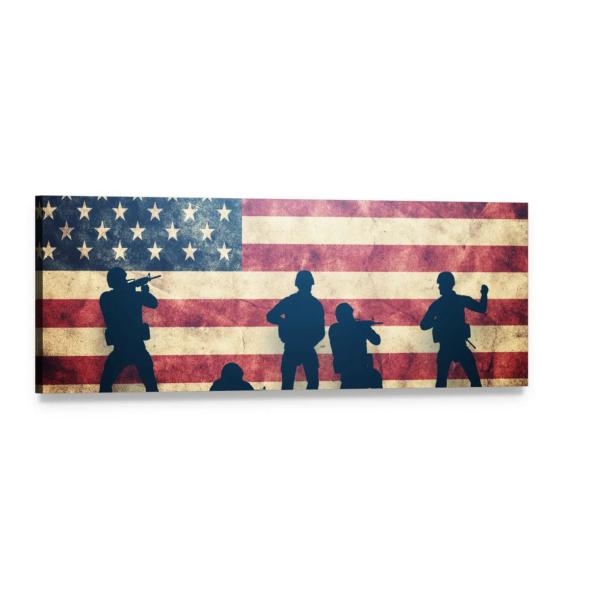 Soldier Silhouettes on Weathered American Flag Panoramic Canvas Wall Art, single panel gallery wrapped canvas, angled product view