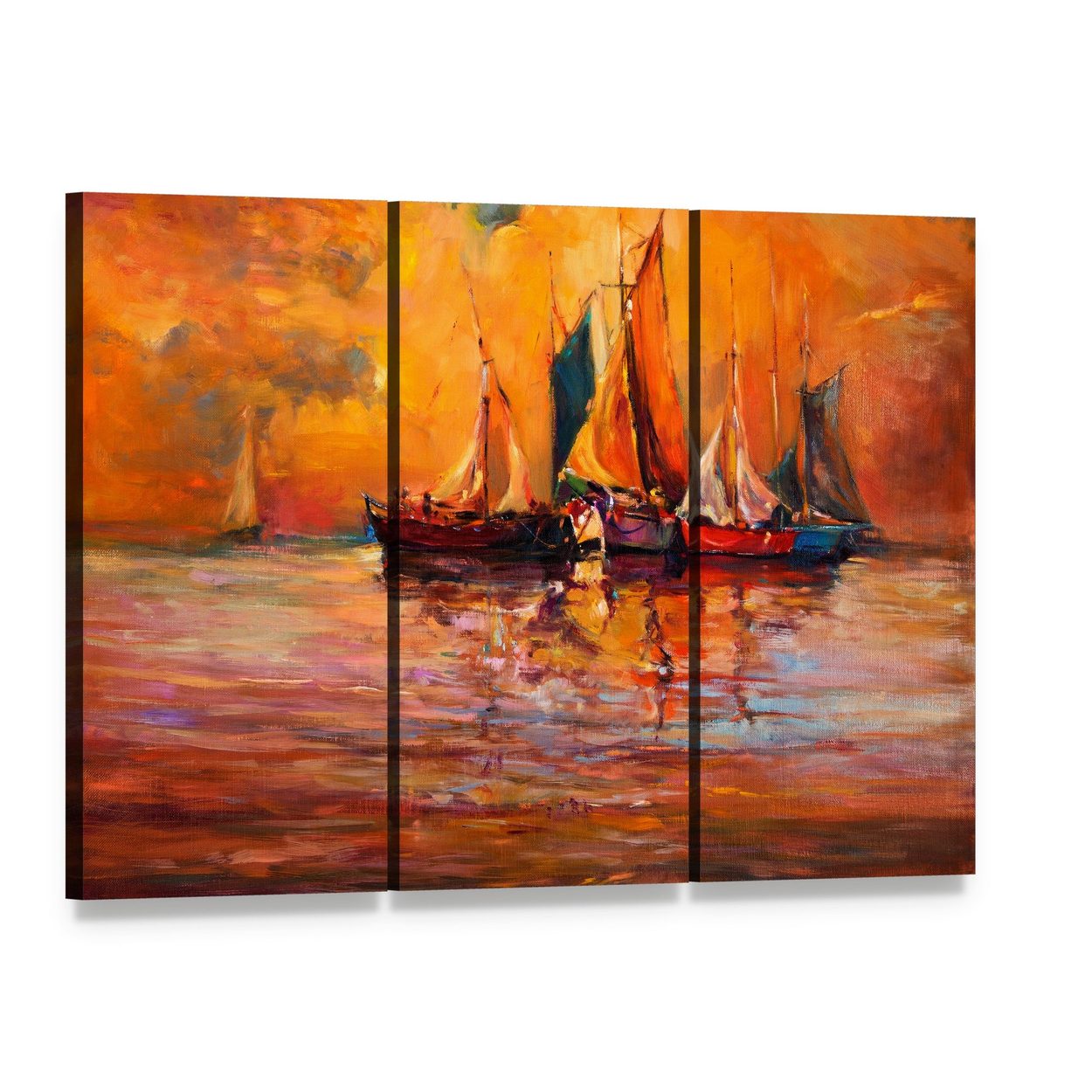 Boats and Sea Illustration Canvas Wall Art, 3 panel 3 Horizontal layout gallery wrapped canvas set, angled product view