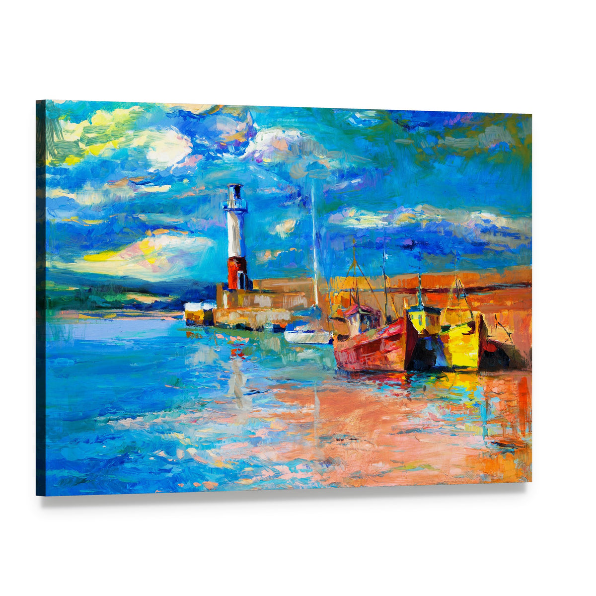 Lighthouse & Boats Abstract Canvas Wall Art, single panel gallery wrapped canvas, angled product view
