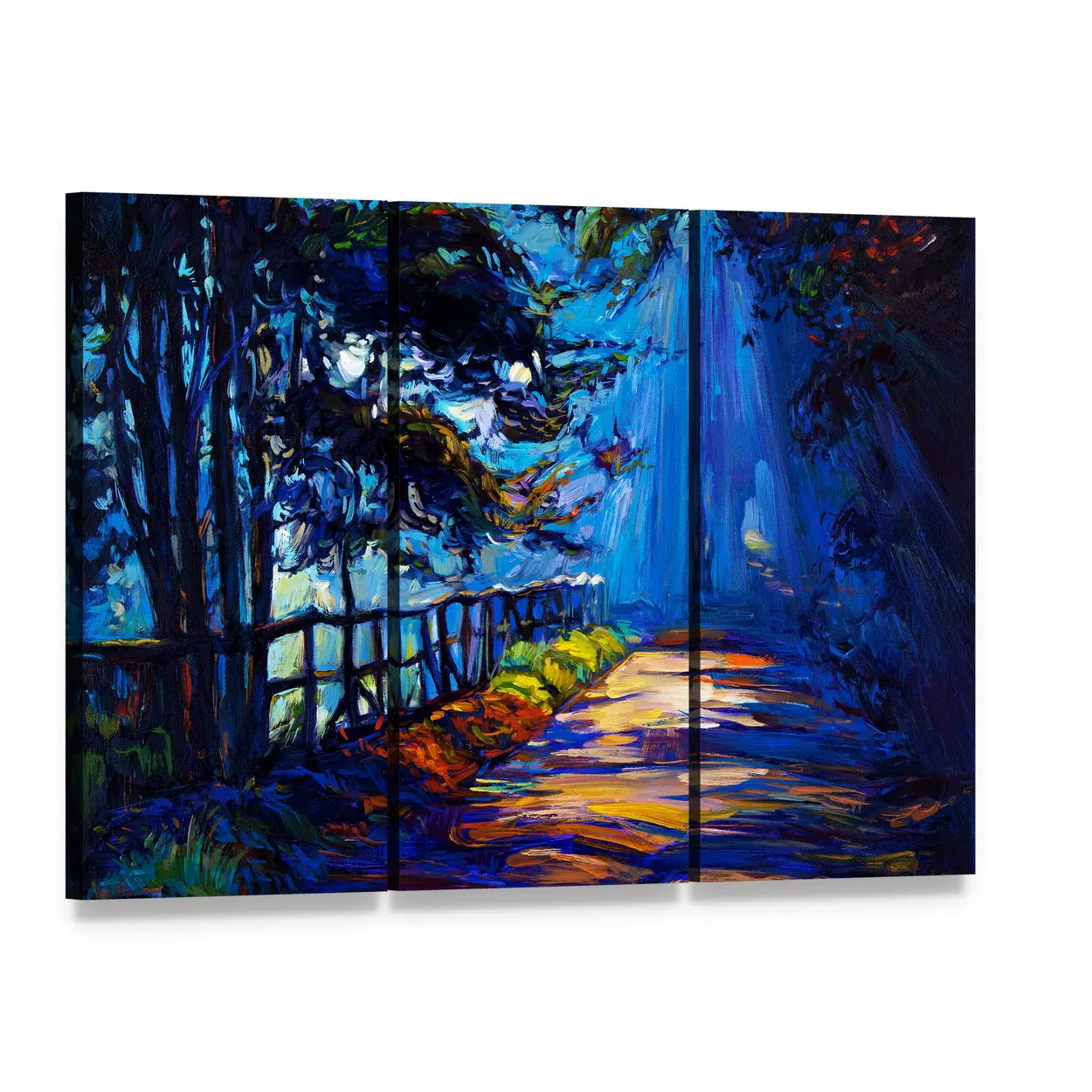 Autumn Park at Night Canvas Wall Art, 3 panel 3 Horizontal layout gallery wrapped canvas set, angled product view
