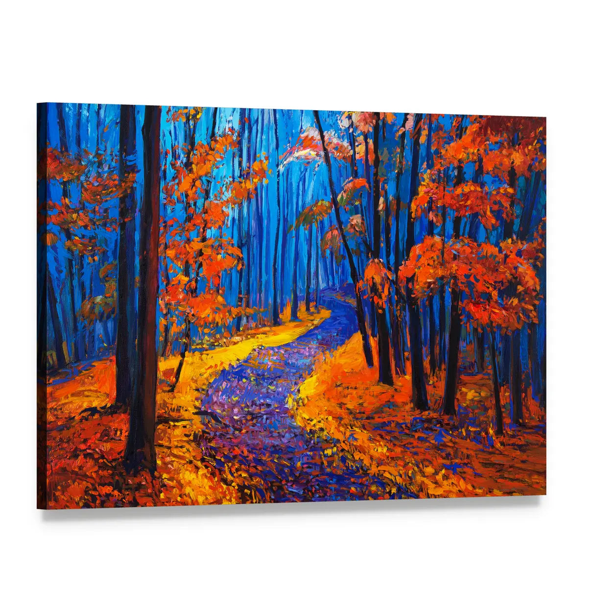 Autumn Forest Pathway with Blue Trunks Canvas Wall Art, single panel gallery wrapped canvas, angled product view