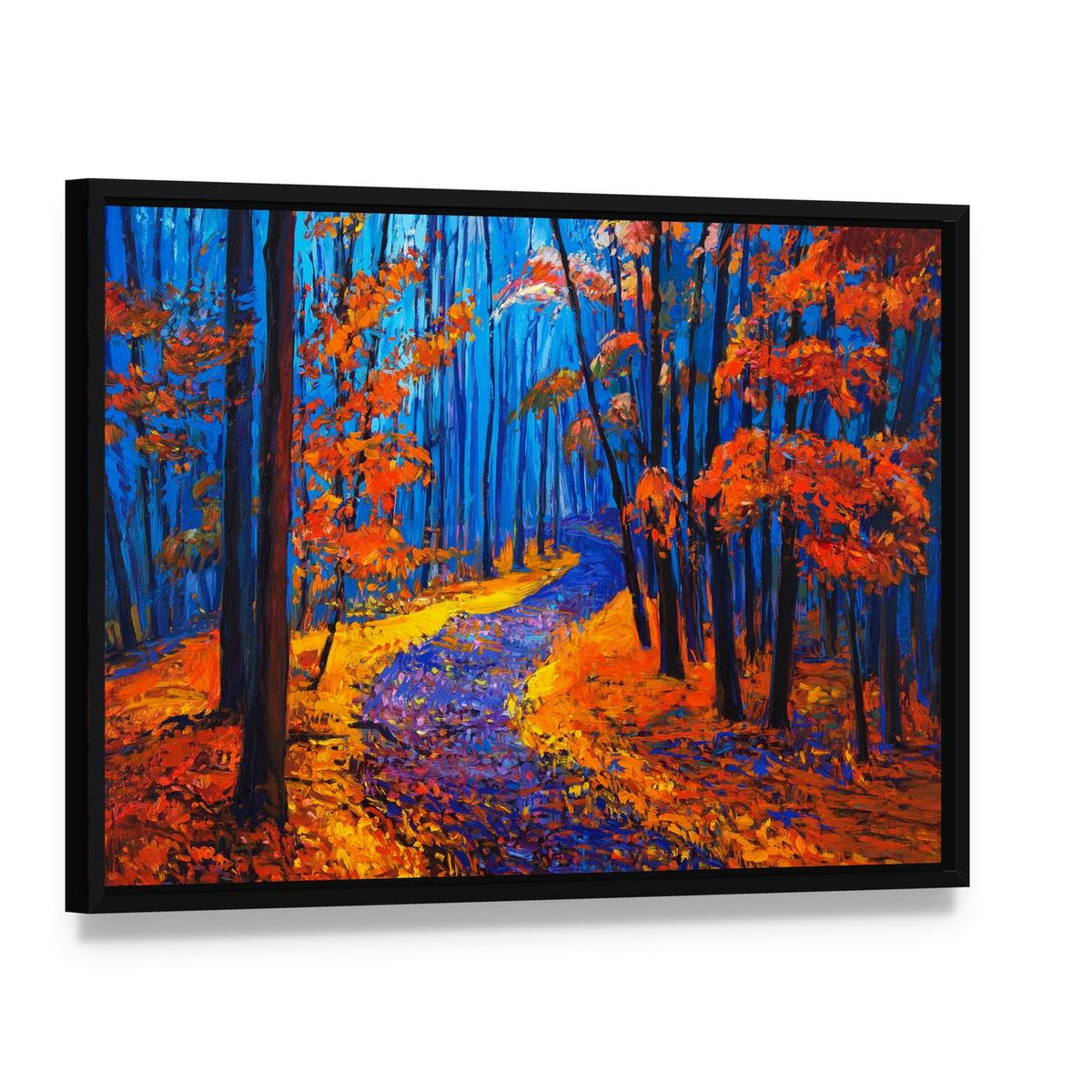 Autumn Forest Pathway Canvas Wall Art, framed canvas in a black floater frame, angled product view