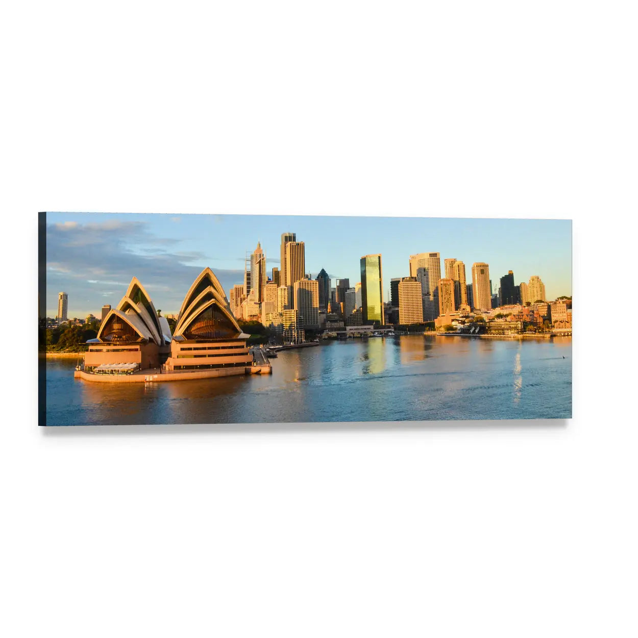 Sydney Opera House and Harbor Skyline Panoramic Canvas Wall Art, single panel gallery wrapped canvas, angled product view