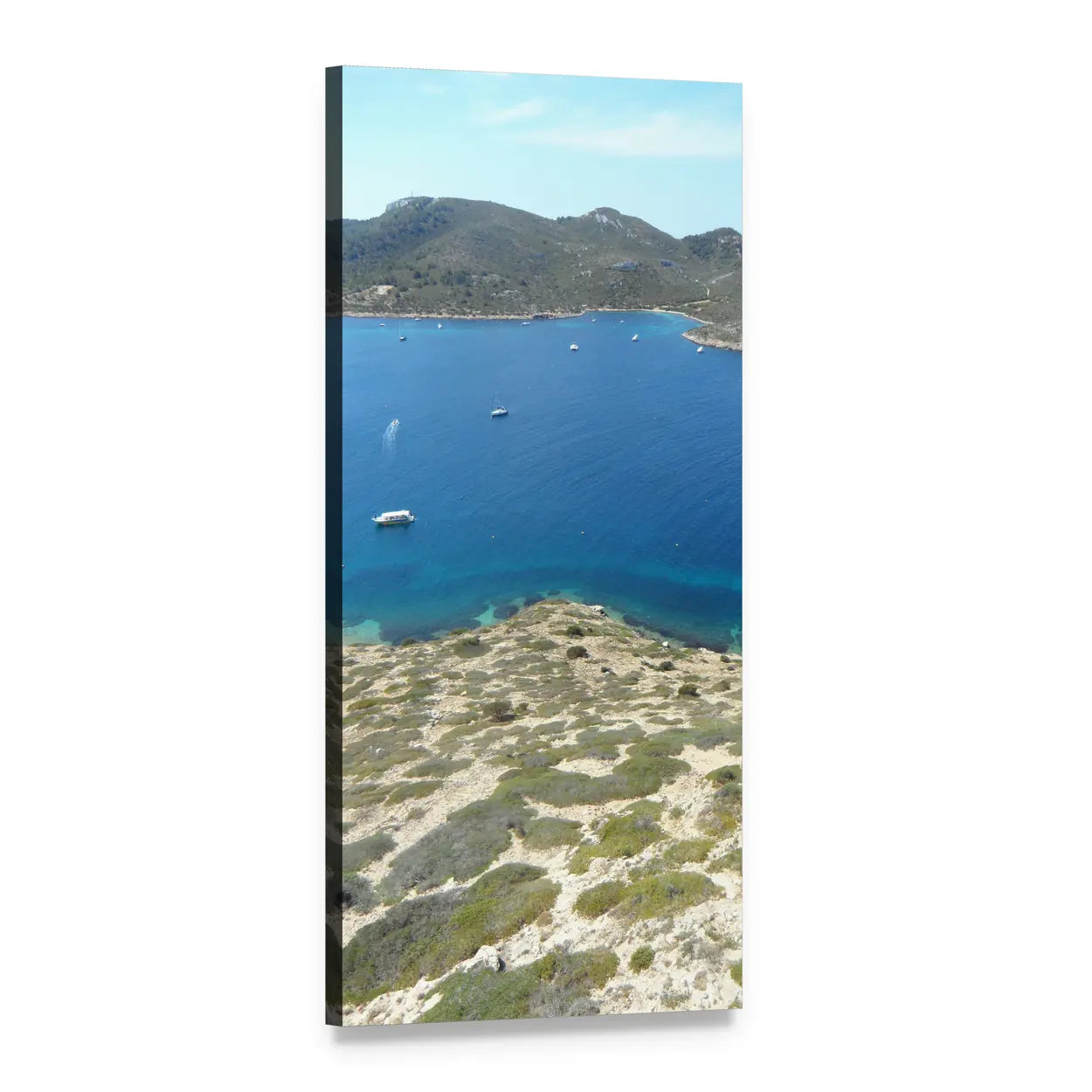 Turquoise Bay with White Sailboats Vertical Canvas Wall Art, 1 panel 1 Vertical layout gallery wrapped canvas set, angled product view