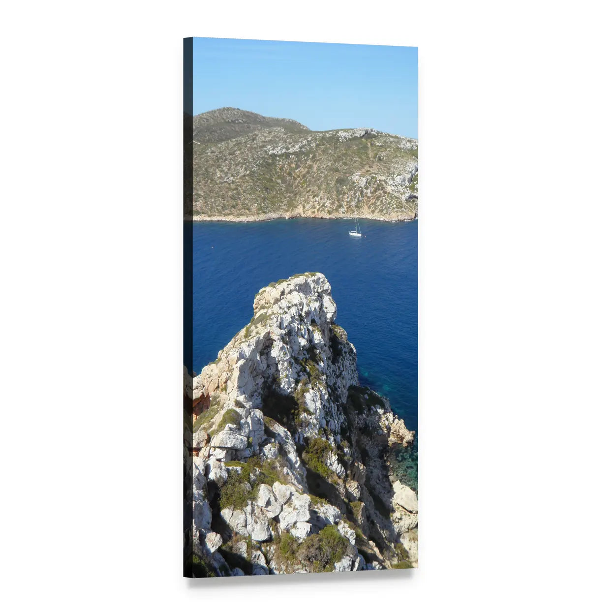 Rocky Coastal Cliff Over Blue Ocean Vertical Canvas Wall Art, 1 panel 1 Vertical layout gallery wrapped canvas set, angled product view