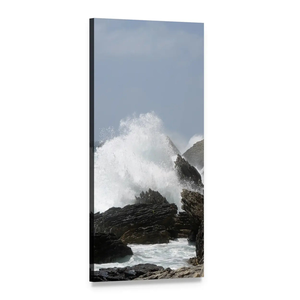 Crashing Waves Over Jagged Rocks Vertical Canvas Wall Art, 1 panel 1 Vertical layout gallery wrapped canvas set, angled product view