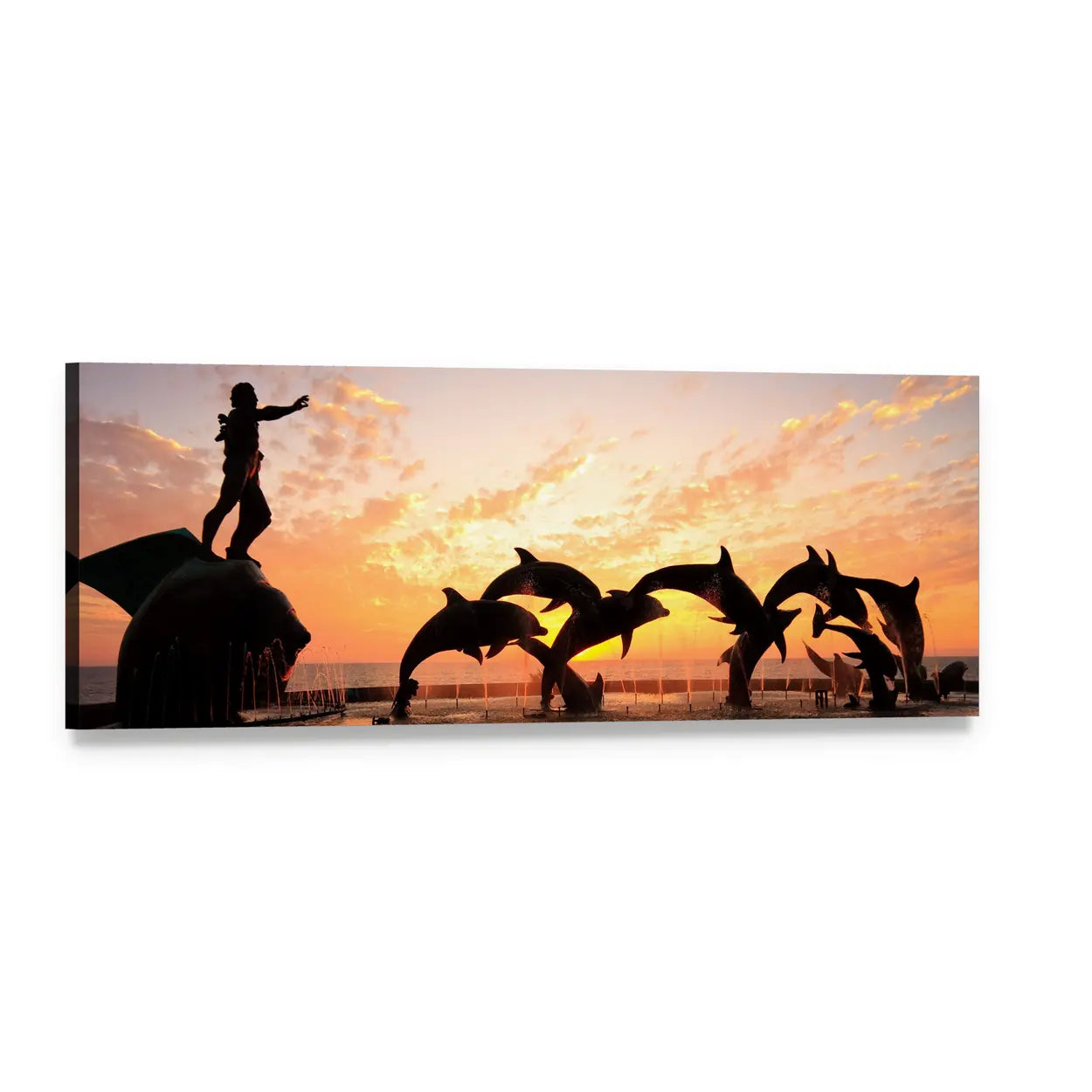 Leaping Dolphins and Statue at Sunset Panoramic Canvas Wall Art, single panel gallery wrapped canvas, angled product view