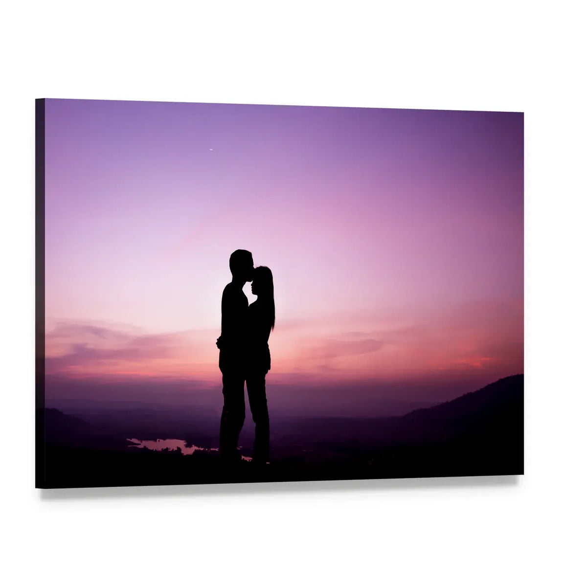 Romantic Couple Silhouette at Sunset Canvas Wall Art, single panel gallery wrapped canvas, angled product view