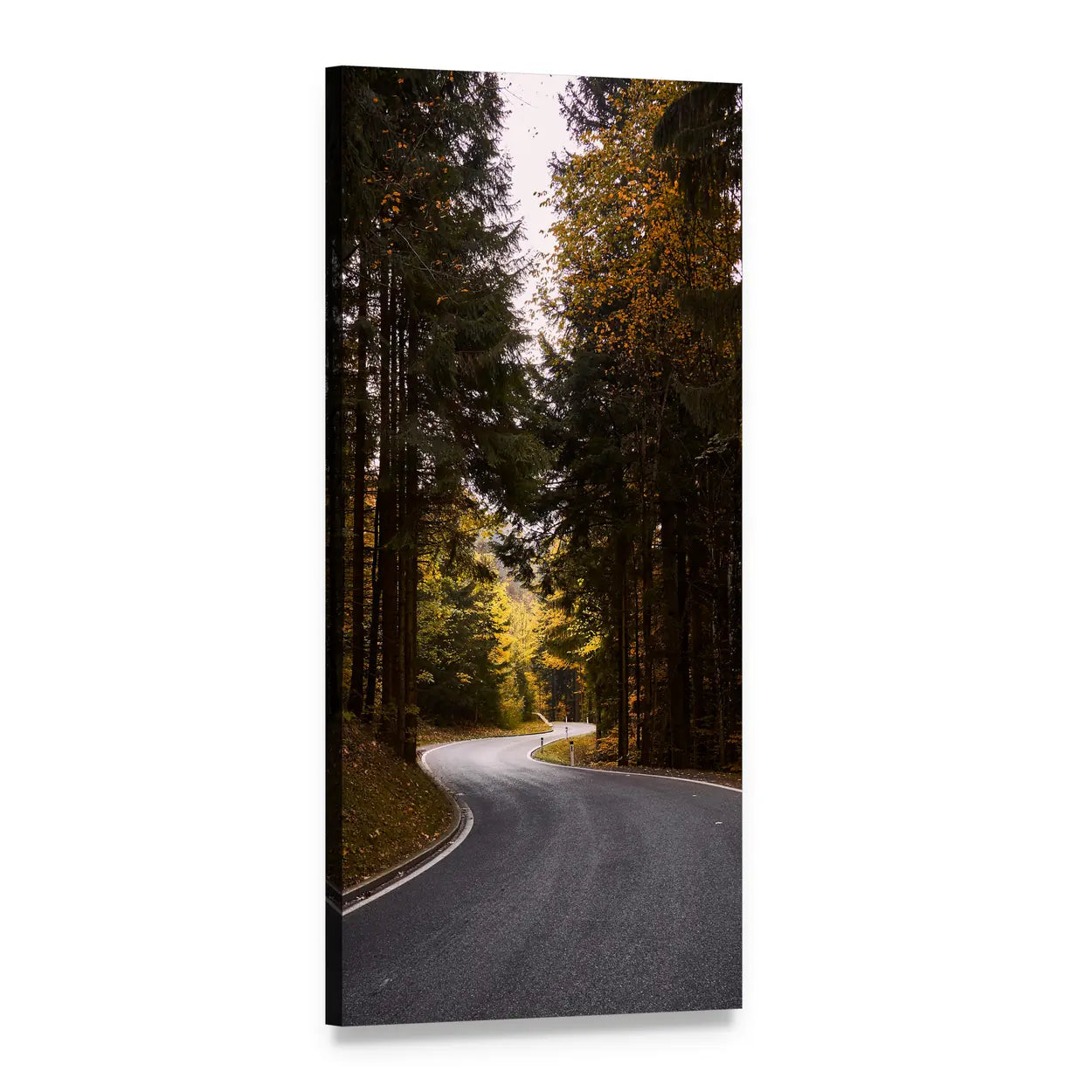 Winding Road Through Autumn Forest Vertical Canvas Wall Art, 1 panel 1 Vertical layout gallery wrapped canvas set, angled product view