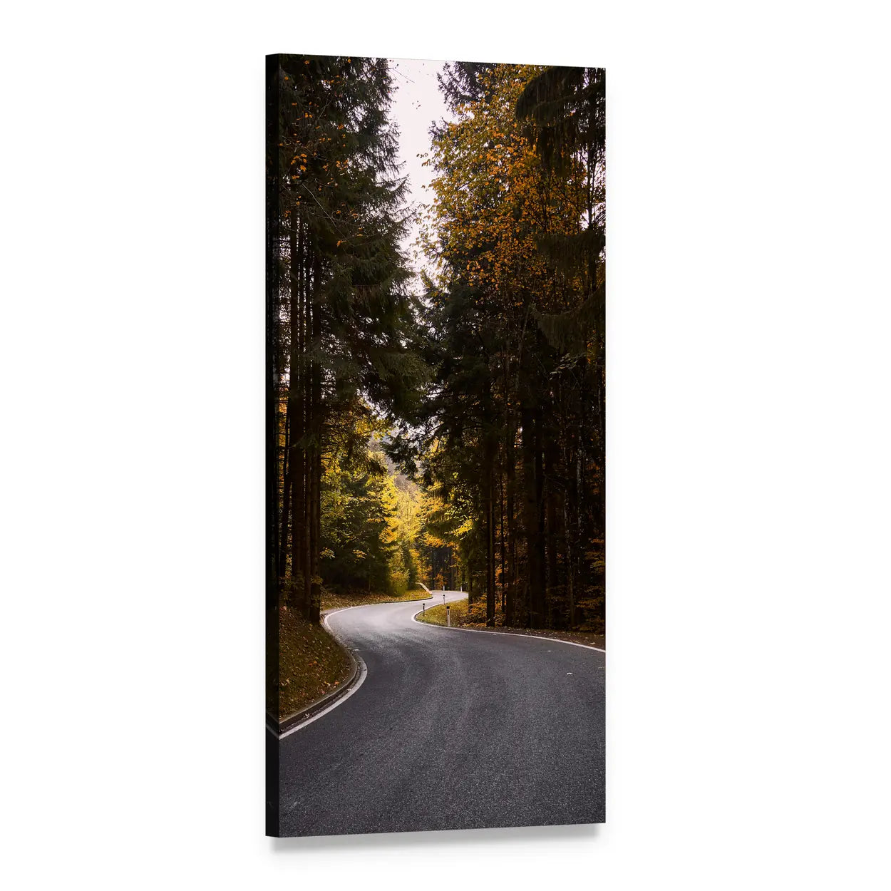 Winding Road Through Autumn Forest Vertical Canvas Wall Art, 1 panel 1 Vertical layout gallery wrapped canvas set, angled product view