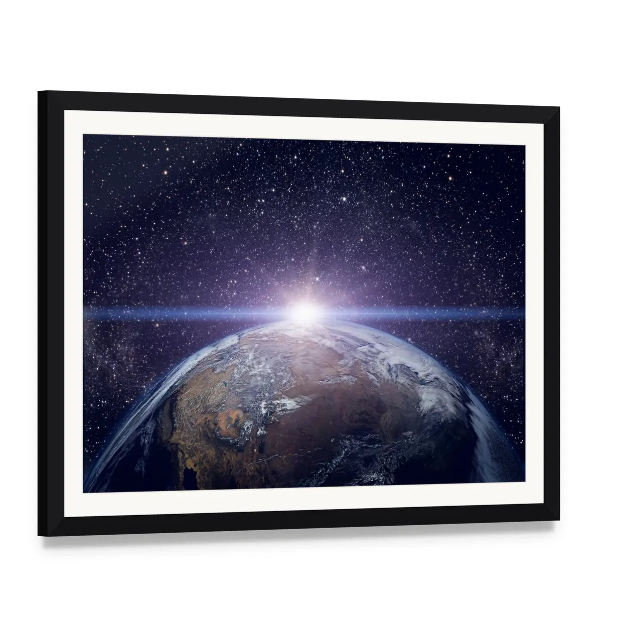 Planet Earth Sunset Canvas Wall Art, framed print with white mat and black frame, angled product view