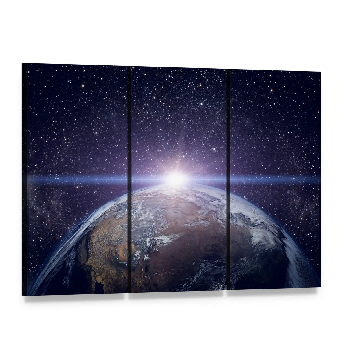 Planet Earth Sunset Canvas Wall Art, 3 panel 3 Horizontal layout gallery wrapped canvas set, angled product view