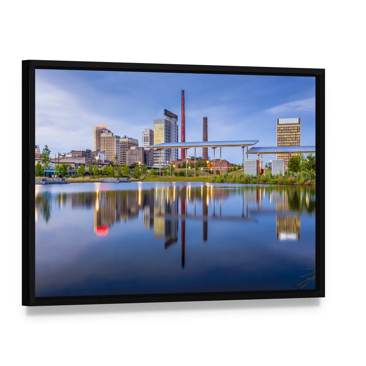 Alabama City Waterfront Skyline Canvas Wall Art, framed canvas in a black floater frame, angled product view