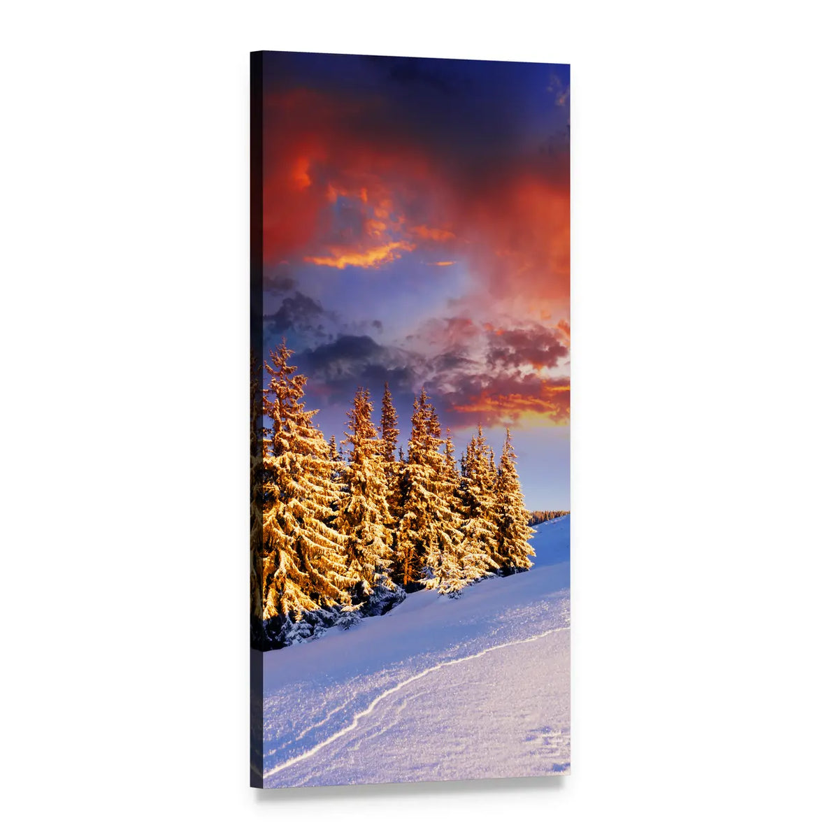 Winter Sunset Over Snow-covered Mountains Vertical Canvas Wall Art, 1 panel 1 Vertical layout gallery wrapped canvas set, angled product view