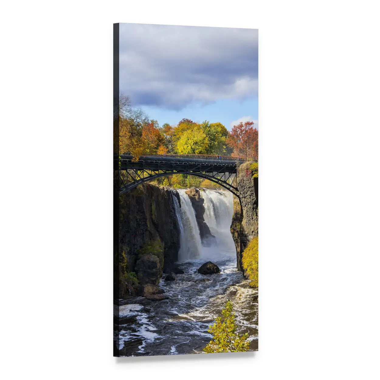 Arch Bridge Over Autumn Waterfall Vertical Canvas Wall Art, 1 panel 1 Vertical layout gallery wrapped canvas set, angled product view